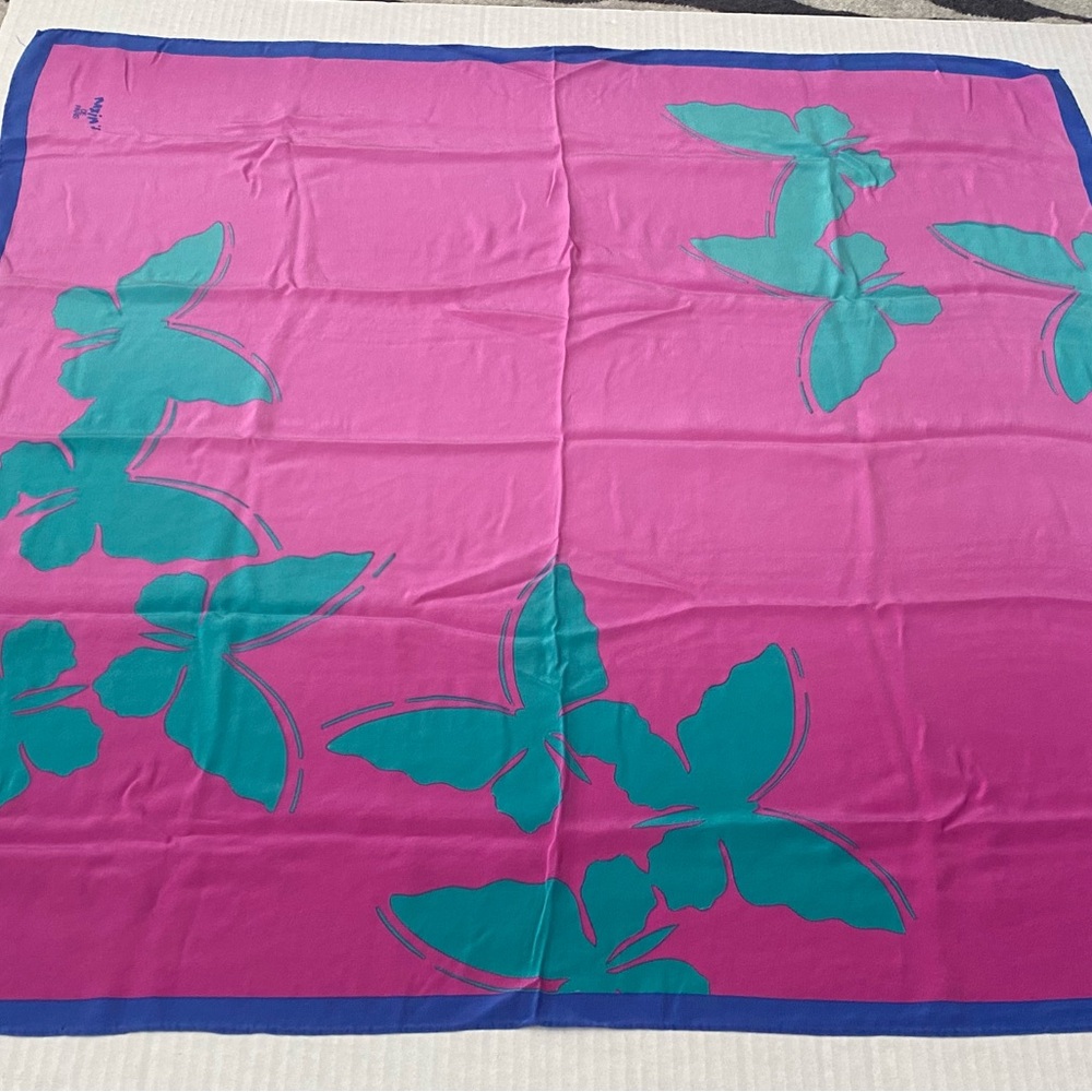 Maxim’s De Paris Silk Pink Ombré 33” Square Butterfly Scarf w/Blue Border - Picture 14 of 16